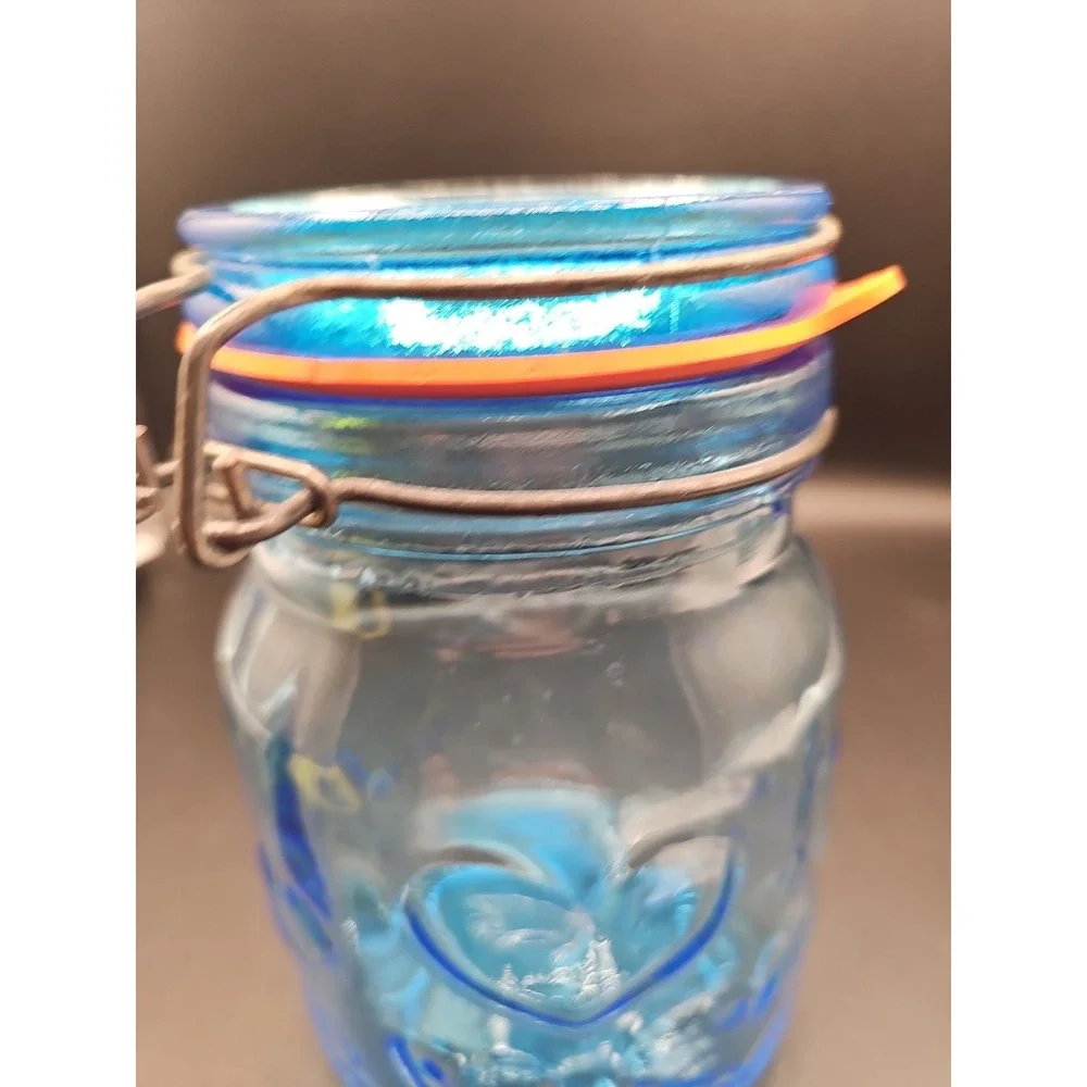 Vintage Blue Glass Storage Jar Hearts Crownford Giftware Corp  7 Tall